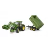 Traktorius BRUDER John Deere 7R 350 su priekiniu krautuvu ir dviejų ašių savivartė priekaba, plastikinis, amžius 3+