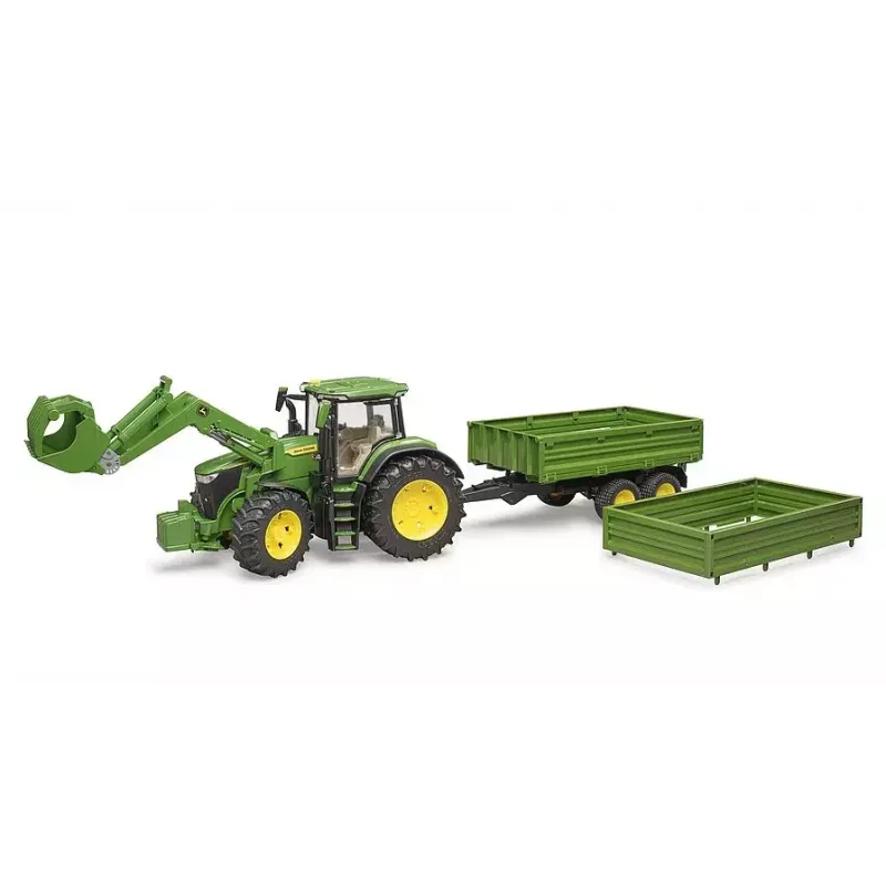 Traktorius BRUDER John Deere 7R 350 su priekiniu krautuvu ir dviejų ašių savivartė priekaba, plastikinis, amžius 3+
