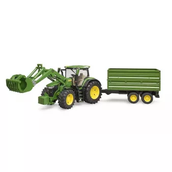 Traktorius BRUDER John Deere 7R 350 su priekiniu krautuvu ir dviejų ašių savivartė priekaba, plastikinis, amžius 3+