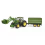 Traktorius BRUDER John Deere 7R 350 su priekiniu krautuvu ir dviejų ašių savivartė priekaba, plastikinis, amžius 3+