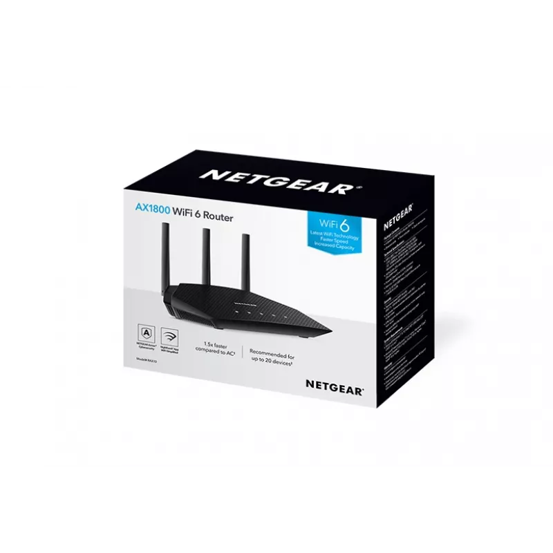 NETGEAR Nighthawk 4-Stream AX1800 WiFi 6 maršruto parinktuvas (RAX10) belaidis maršruto parinktuvas Gigabit Ethernet Dviejų dažnių (2,4 GHz / 5 GHz) juodas