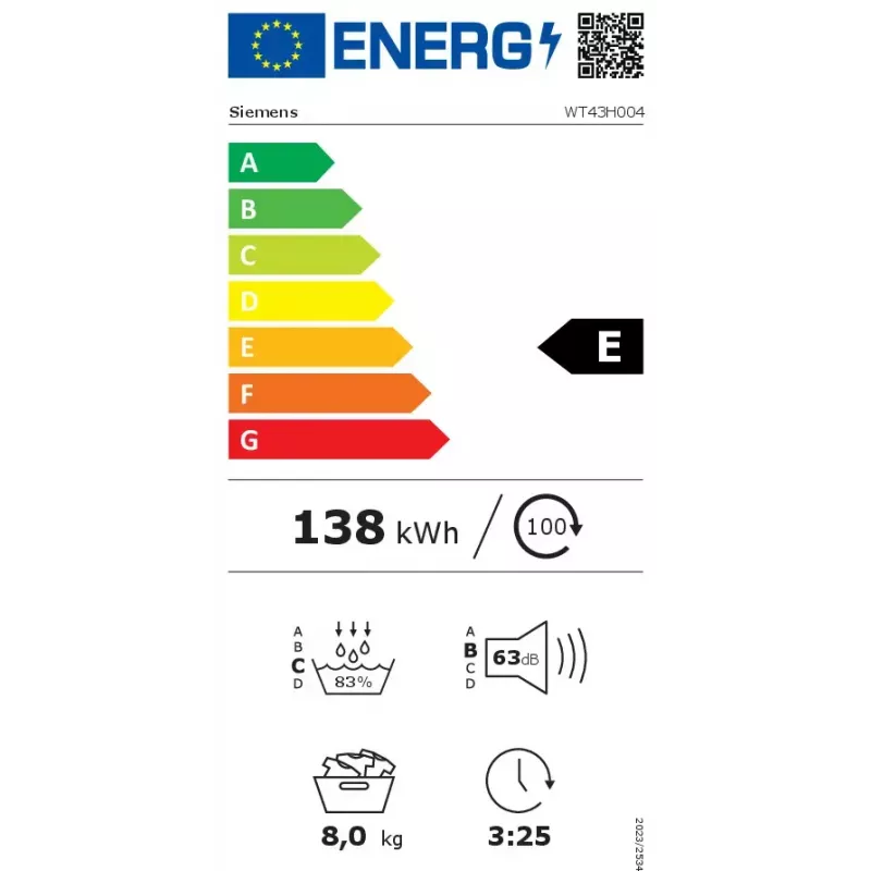 Siemens iQ300 WT43H004 skalbinių džiovyklė atskirai stovinti priekinio pakrovimo 8 kg balta