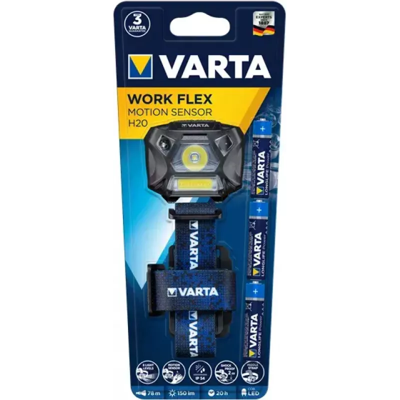 Ant galvos nešiojamas žibintuvėlis Varta WORK FLEX MOTION SENSOR H20 juodas mėlynas LED 150 lm 20 val.