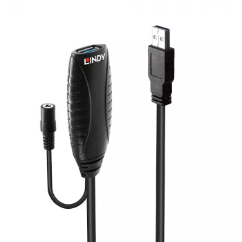 Lindy 10m USB 3.0 aktyvus ilginamasis laidas, 10 m, USB A, USB A, USB 3.2 Gen 1 (3.1 Gen 1), 5 Gbit/s, juodas