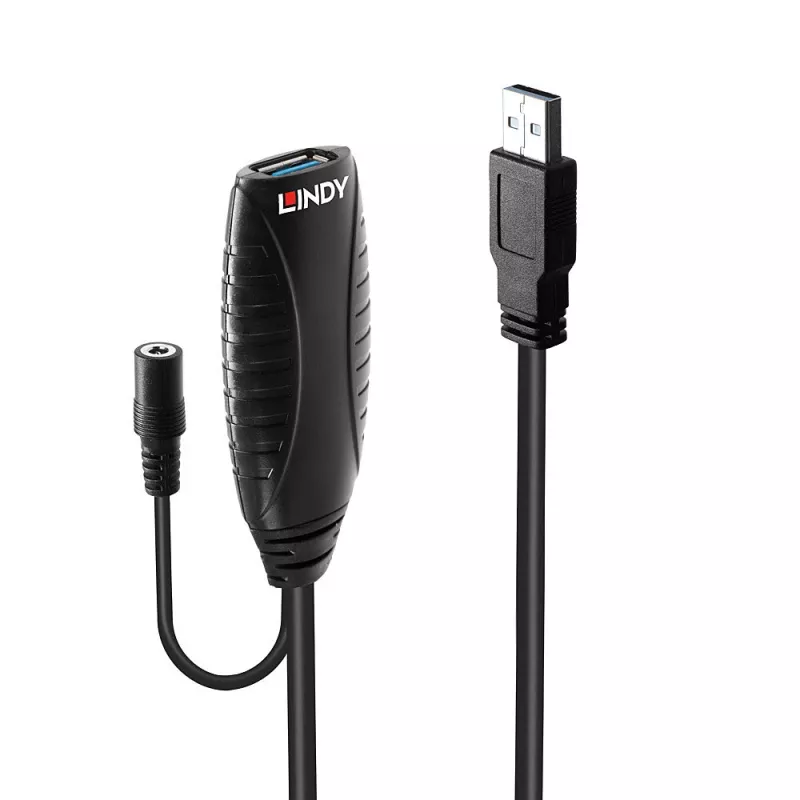 Lindy 10m USB 3.0 aktyvus ilginamasis laidas, 10 m, USB A, USB A, USB 3.2 Gen 1 (3.1 Gen 1), 5 Gbit/s, juodas