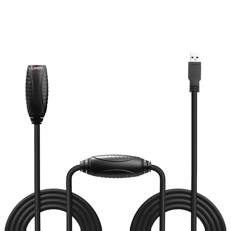 Lindy 10m USB 3.0 aktyvus ilginamasis laidas, 10 m, USB A, USB A, USB 3.2 Gen 1 (3.1 Gen 1), 5 Gbit/s, juodas