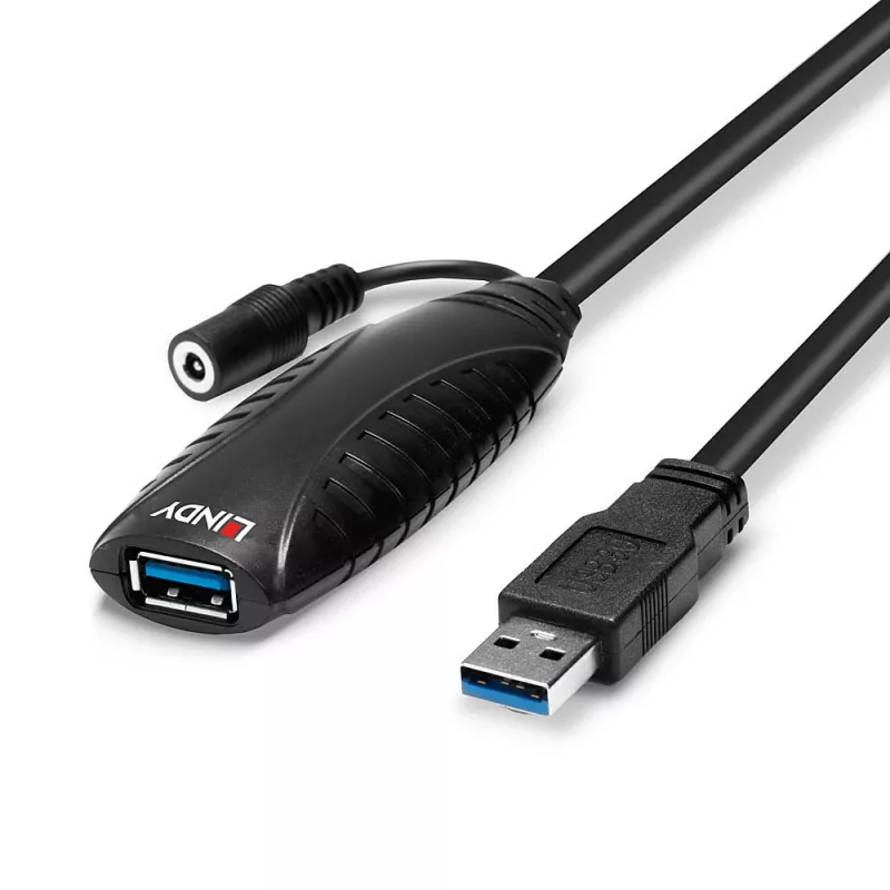 Lindy 10m USB 3.0 aktyvus ilginamasis laidas, 10 m, USB A, USB A, USB 3.2 Gen 1 (3.1 Gen 1), 5 Gbit/s, juodas