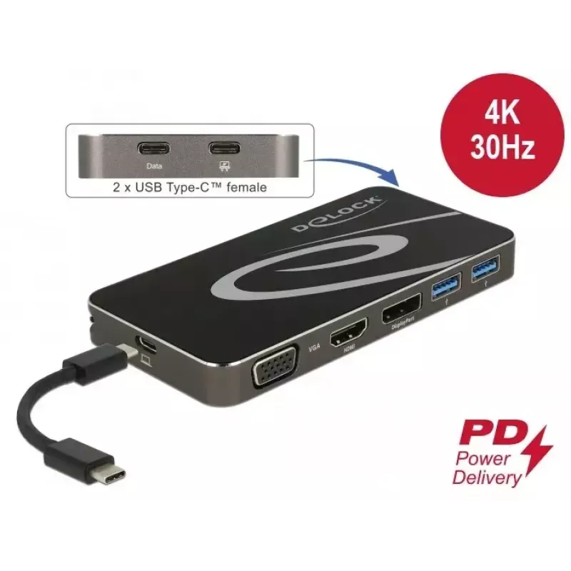 DeLOCK USB-C 3.2 dokinė stotelė 4K HDMI DP 1080p VGA USB šakotuvas PD 3.0