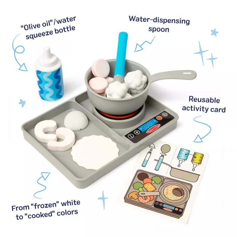 Melissa & Doug Simmer & Stir Stovetop Play Set su Water WOW! spalvą keičiančiu žaidimų maistu, ikimokyklinis žaislas nuo 3 metų