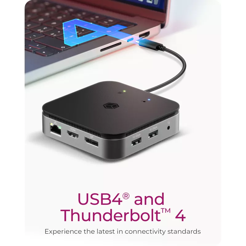 ICY BOX 7-in-1 USB4® doko stotelė su dviguba vaizdo išvestimi, laidinis, USB4, 60 W, 3,5 mm, 10,100,1000 Mbit/s, antracitas