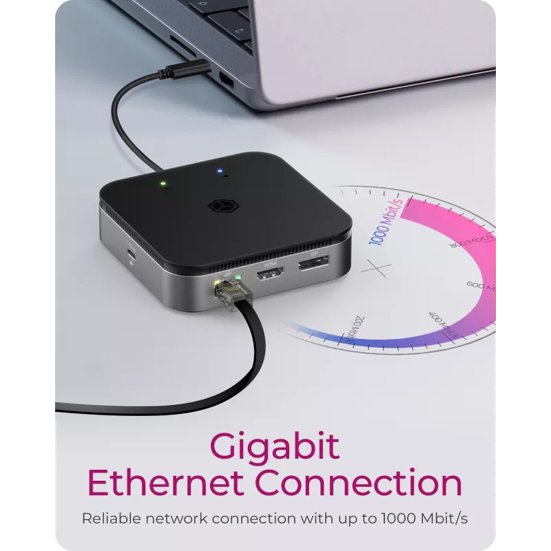 ICY BOX 7-in-1 USB4® doko stotelė su dviguba vaizdo išvestimi, laidinis, USB4, 60 W, 3,5 mm, 10,100,1000 Mbit/s, antracitas