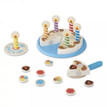Melissa & Doug gimtadienio šventės tortas – medinis žaislinis maistas su derinamais priedais ir 7 žvakutėmis