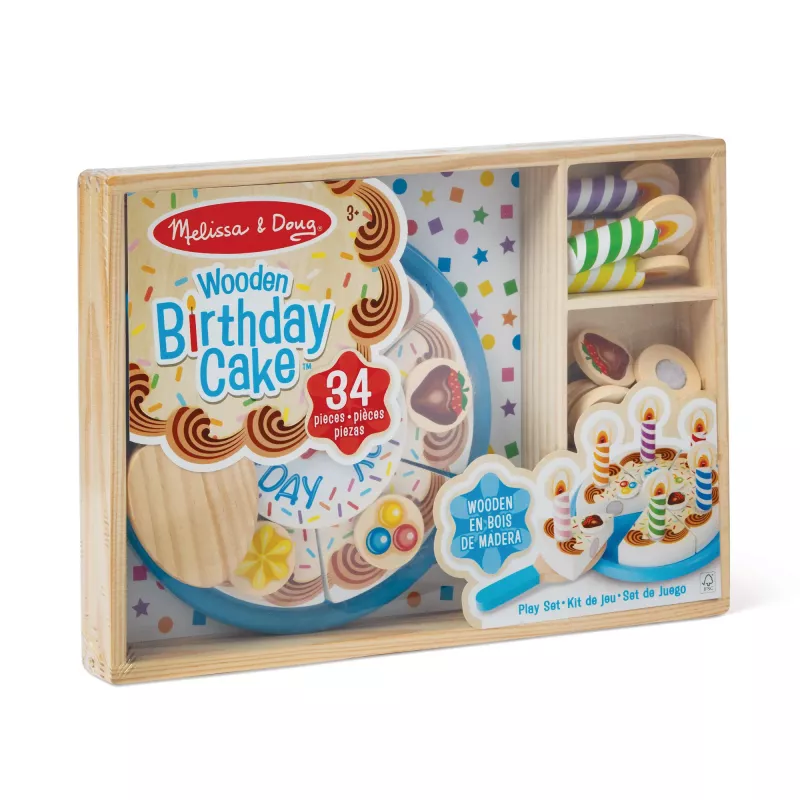 Melissa & Doug gimtadienio šventės tortas – medinis žaislinis maistas su derinamais priedais ir 7 žvakutėmis