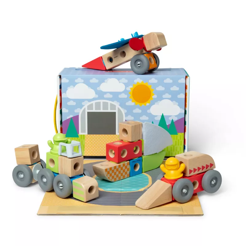 Medinis statomų ir žaidžiamų transporto priemonių rinkinys Melissa & Doug Blockables, 54 vnt., sujungiamas, su FSC sertifikatu