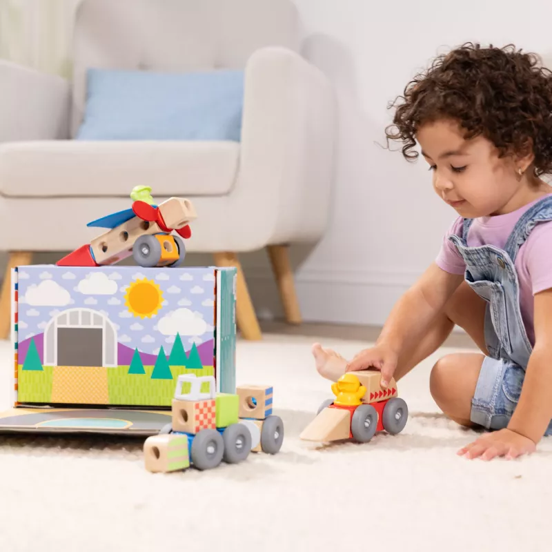 Medinis statomų ir žaidžiamų transporto priemonių rinkinys Melissa & Doug Blockables, 54 vnt., sujungiamas, su FSC sertifikatu