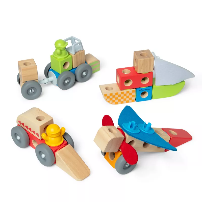 Medinis statomų ir žaidžiamų transporto priemonių rinkinys Melissa & Doug Blockables, 54 vnt., sujungiamas, su FSC sertifikatu