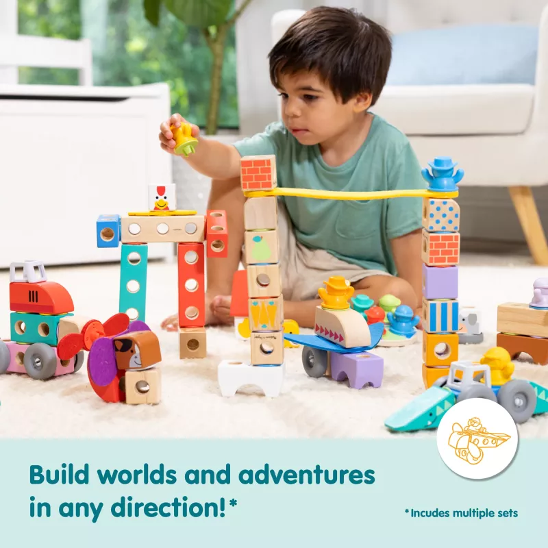 Medinis statomų ir žaidžiamų transporto priemonių rinkinys Melissa & Doug Blockables, 54 vnt., sujungiamas, su FSC sertifikatu