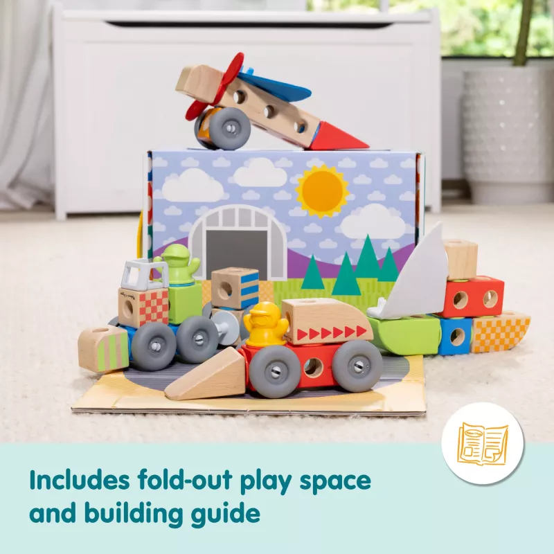 Medinis statomų ir žaidžiamų transporto priemonių rinkinys Melissa & Doug Blockables, 54 vnt., sujungiamas, su FSC sertifikatu