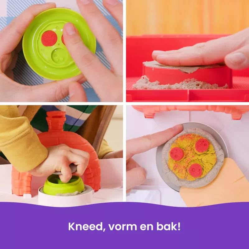 Kinetic Sand, SquishPizza kylančios picos krosnelės žaidimo rinkinys, kūrybingos Velykų dovanos, 1 svaras formuojamo žaidimų smėlio ir 5 įrankiai, žaidimų maisto menų ir amatų žaislai vaikams