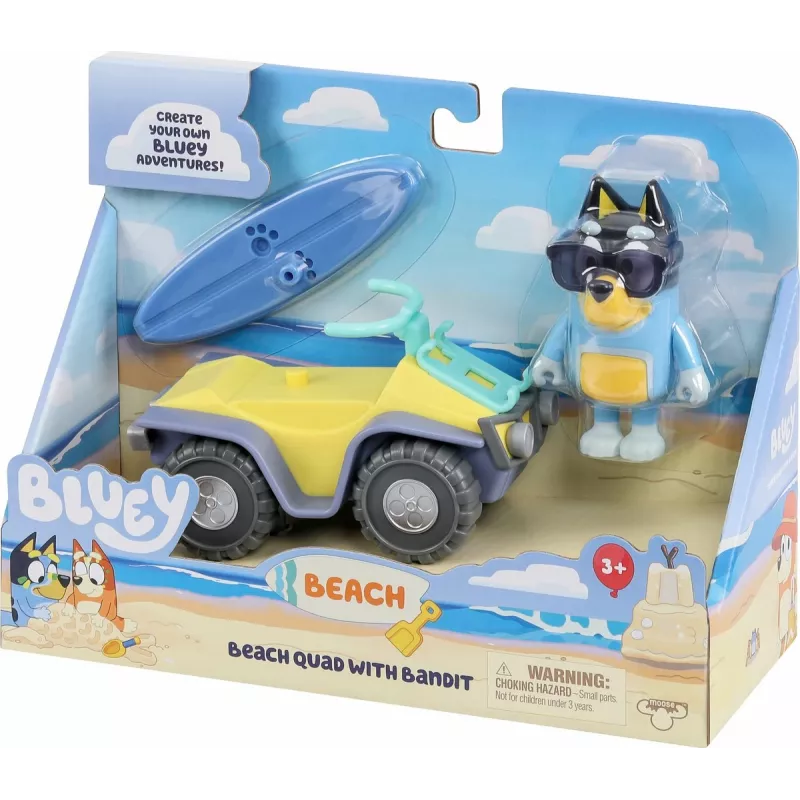 Moose Toys Bluey S9 figūrėlių ir transporto priemonių rinkinys Paplūdimio keturratis su Bandit