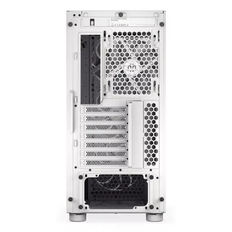 PC Midi Tower korpusas ENDORFY ARX 500 ARGB White — grūdintas stiklas, palaiko ATX/Micro-ATX/Mini-ITX, 3x140 mm priekyje + 1x140 mm gale, 1 × 3,5 colio + 6 × 2,5 colio skyriai