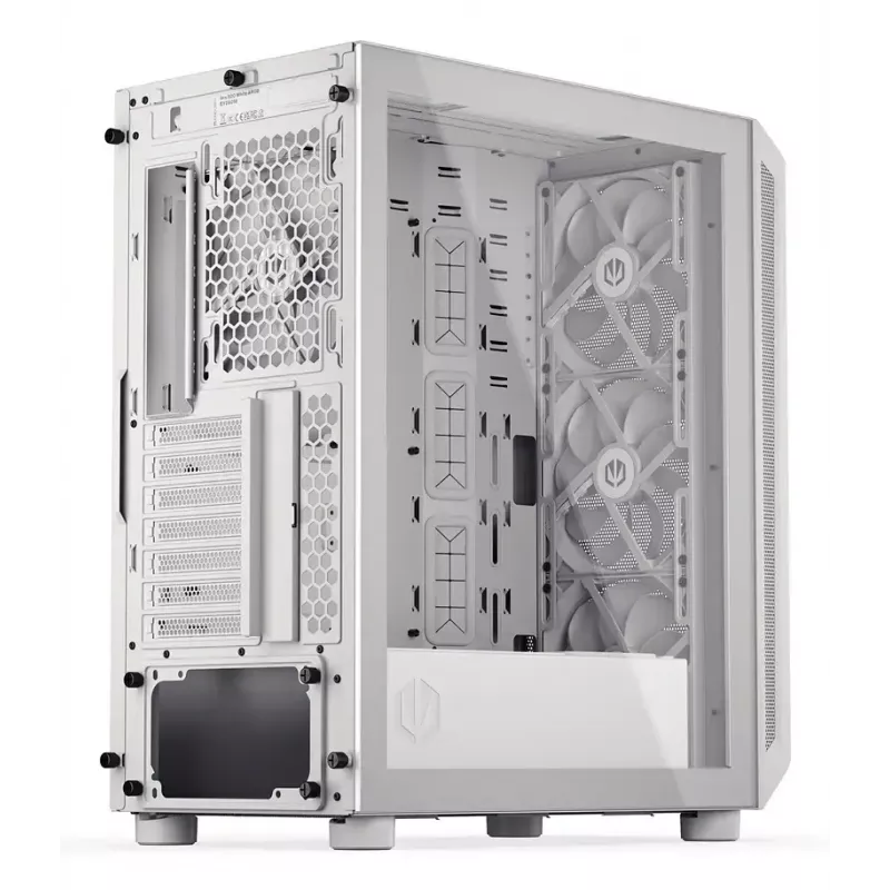 PC Midi Tower korpusas ENDORFY ARX 500 ARGB White — grūdintas stiklas, palaiko ATX/Micro-ATX/Mini-ITX, 3x140 mm priekyje + 1x140 mm gale, 1 × 3,5 colio + 6 × 2,5 colio skyriai