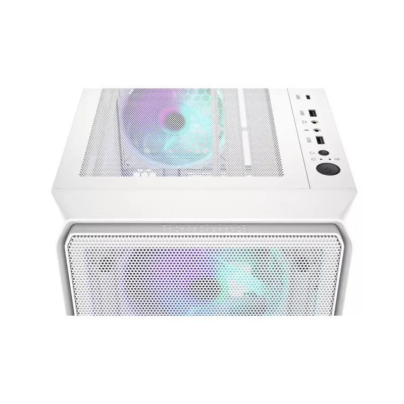 PC Midi Tower korpusas ENDORFY ARX 500 ARGB White — grūdintas stiklas, palaiko ATX/Micro-ATX/Mini-ITX, 3x140 mm priekyje + 1x140 mm gale, 1 × 3,5 colio + 6 × 2,5 colio skyriai