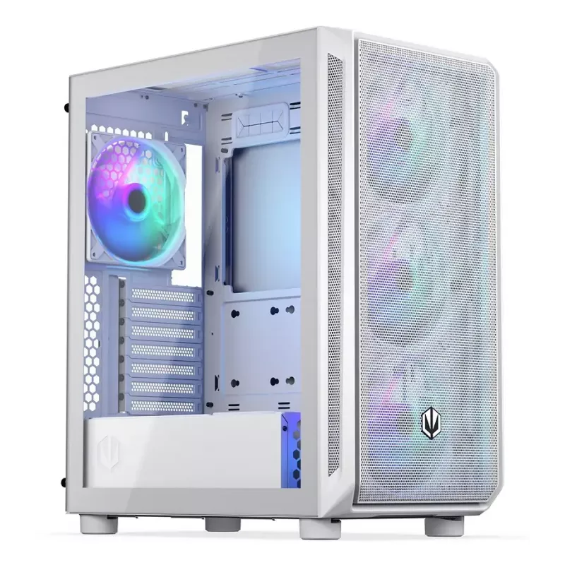 PC Midi Tower korpusas ENDORFY ARX 500 ARGB White — grūdintas stiklas, palaiko ATX/Micro-ATX/Mini-ITX, 3x140 mm priekyje + 1x140 mm gale, 1 × 3,5 colio + 6 × 2,5 colio skyriai