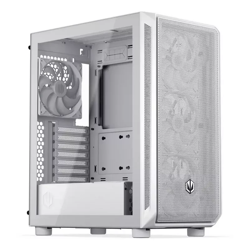 PC Midi Tower korpusas ENDORFY ARX 500 ARGB White — grūdintas stiklas, palaiko ATX/Micro-ATX/Mini-ITX, 3x140 mm priekyje + 1x140 mm gale, 1 × 3,5 colio + 6 × 2,5 colio skyriai