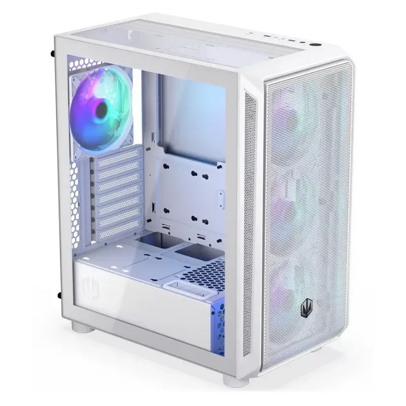 PC Midi Tower korpusas ENDORFY ARX 500 ARGB White — grūdintas stiklas, palaiko ATX/Micro-ATX/Mini-ITX, 3x140 mm priekyje + 1x140 mm gale, 1 × 3,5 colio + 6 × 2,5 colio skyriai