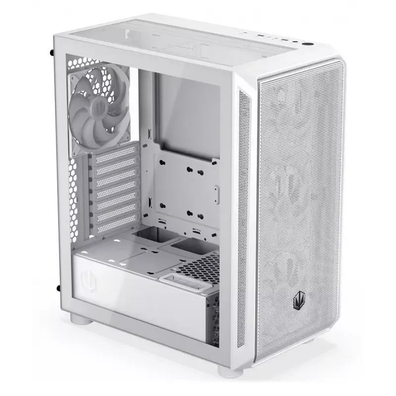 PC Midi Tower korpusas ENDORFY ARX 500 ARGB White — grūdintas stiklas, palaiko ATX/Micro-ATX/Mini-ITX, 3x140 mm priekyje + 1x140 mm gale, 1 × 3,5 colio + 6 × 2,5 colio skyriai