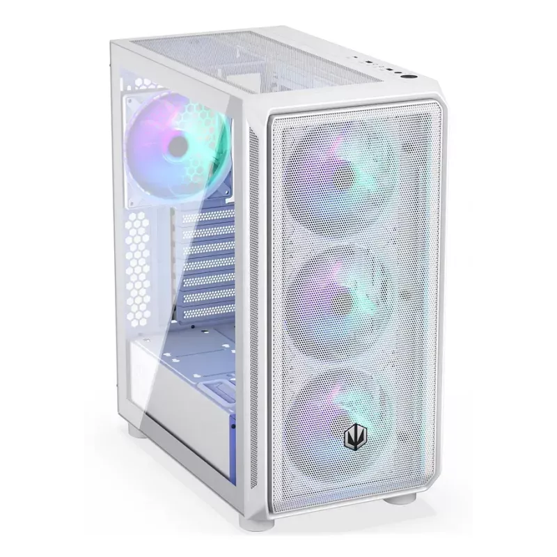 PC Midi Tower korpusas ENDORFY ARX 500 ARGB White — grūdintas stiklas, palaiko ATX/Micro-ATX/Mini-ITX, 3x140 mm priekyje + 1x140 mm gale, 1 × 3,5 colio + 6 × 2,5 colio skyriai