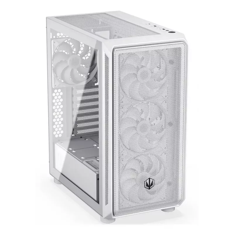 PC Midi Tower korpusas ENDORFY ARX 500 ARGB White — grūdintas stiklas, palaiko ATX/Micro-ATX/Mini-ITX, 3x140 mm priekyje + 1x140 mm gale, 1 × 3,5 colio + 6 × 2,5 colio skyriai