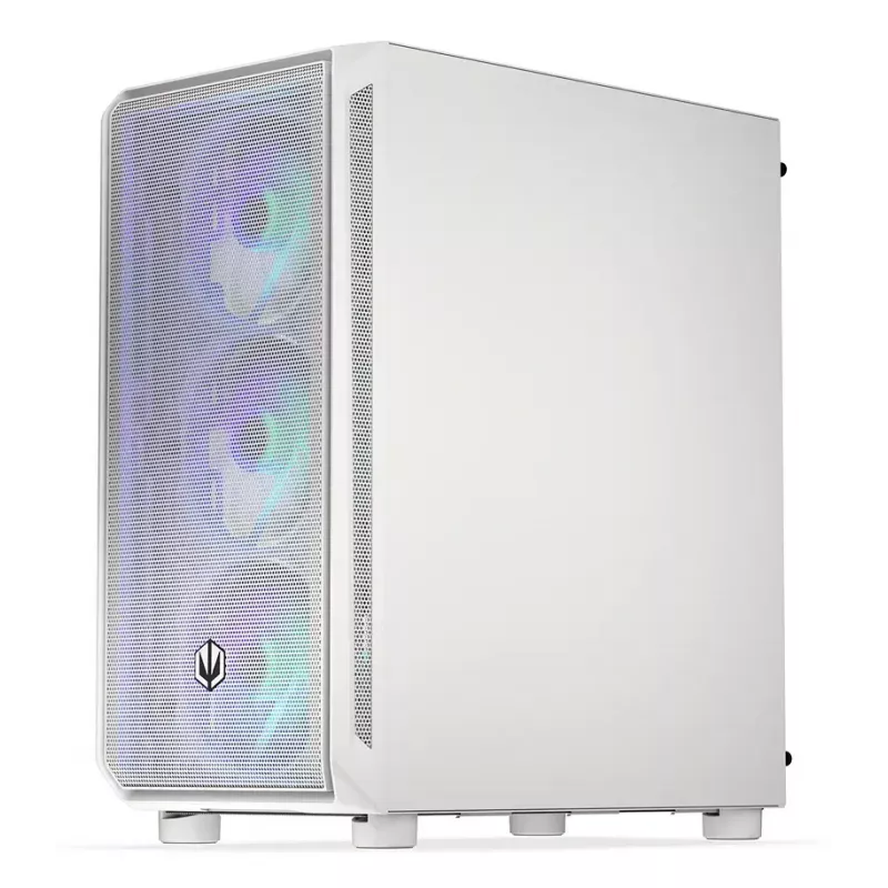 PC Midi Tower korpusas ENDORFY ARX 500 ARGB White — grūdintas stiklas, palaiko ATX/Micro-ATX/Mini-ITX, 3x140 mm priekyje + 1x140 mm gale, 1 × 3,5 colio + 6 × 2,5 colio skyriai