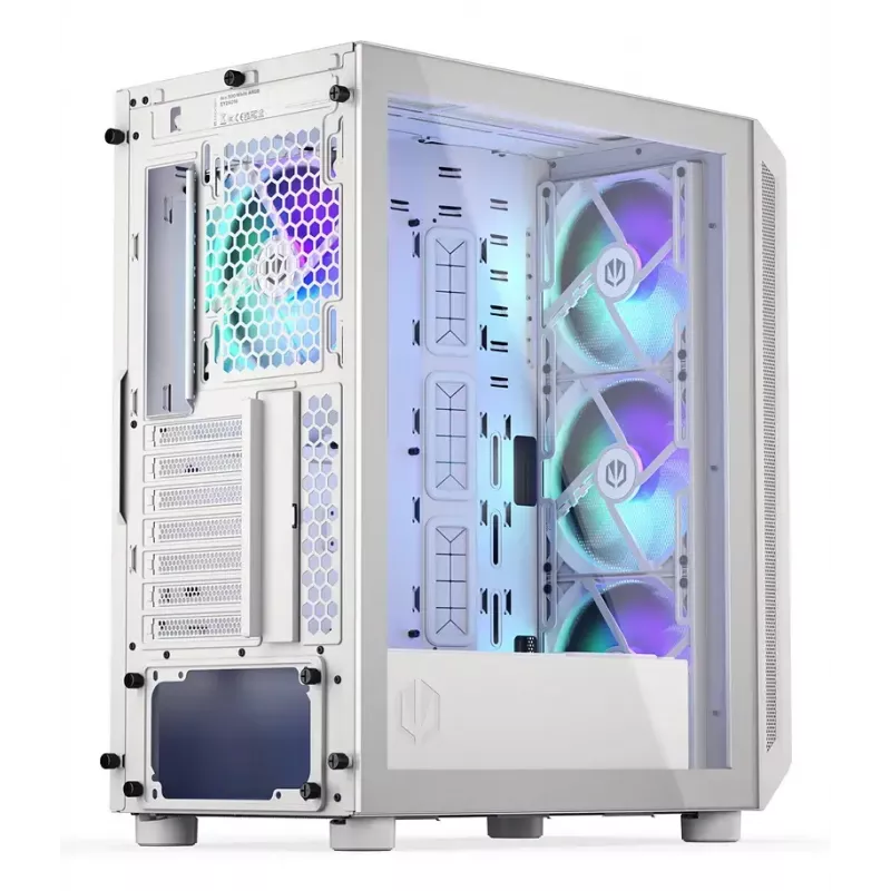 PC Midi Tower korpusas ENDORFY ARX 500 ARGB White — grūdintas stiklas, palaiko ATX/Micro-ATX/Mini-ITX, 3x140 mm priekyje + 1x140 mm gale, 1 × 3,5 colio + 6 × 2,5 colio skyriai
