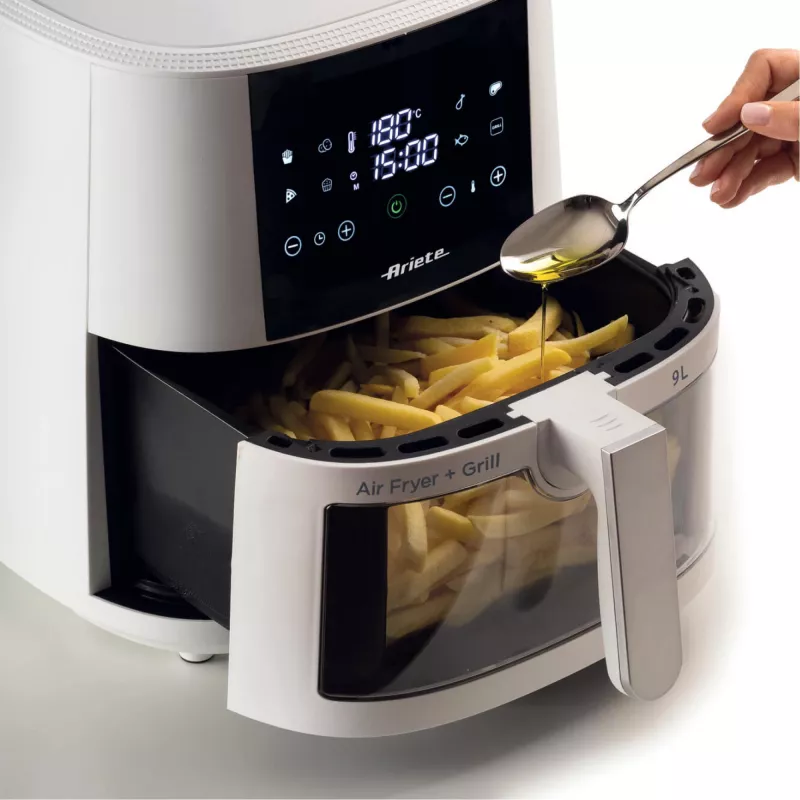 Ariete 4630 karšto oro gruzdintuvė 9L, 1300W, Talpa 9L, Maisto talpa 2,5kg, 8 iš anksto nustatytos programos, Temperatūra iki 200°, Skaidrus krepšys gaminimo kontrolei, Balta