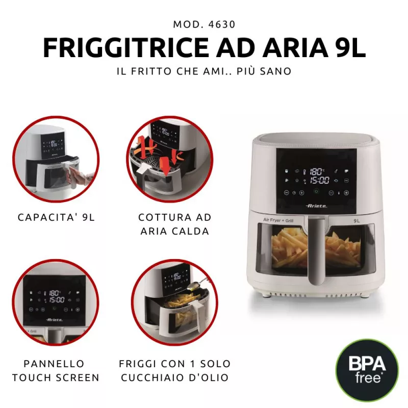 Ariete 4630 karšto oro gruzdintuvė 9L, 1300W, Talpa 9L, Maisto talpa 2,5kg, 8 iš anksto nustatytos programos, Temperatūra iki 200°, Skaidrus krepšys gaminimo kontrolei, Balta