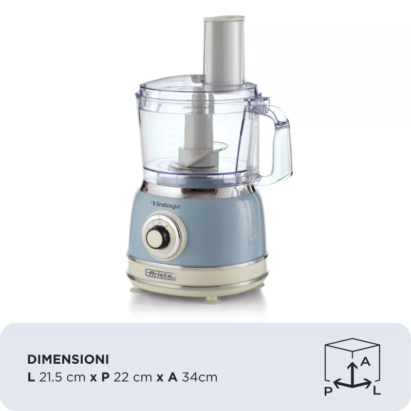 Virtuvinis kombainas ARIETE Vintage Line 1781/05 — 1000 W, 2,1 L dubuo, rotacinė reguliavimo rankenėlė, nerūdijančiojo plieno peilis, mėlynas