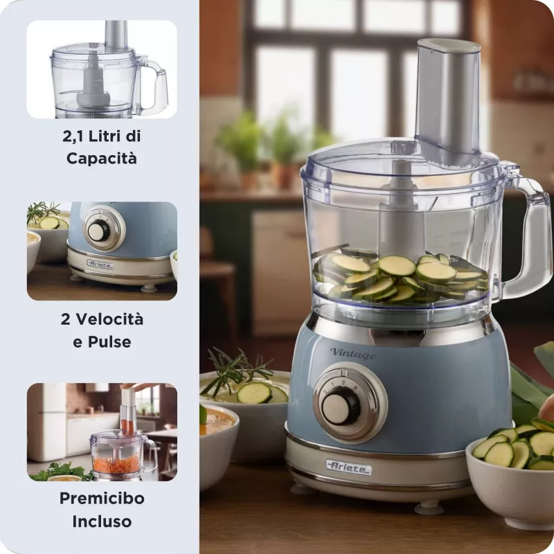 Virtuvinis kombainas ARIETE Vintage Line 1781/05 — 1000 W, 2,1 L dubuo, rotacinė reguliavimo rankenėlė, nerūdijančiojo plieno peilis, mėlynas