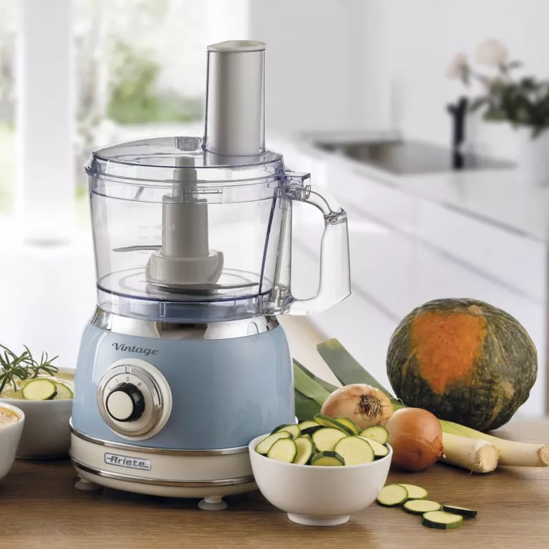 Virtuvinis kombainas ARIETE Vintage Line 1781/05 — 1000 W, 2,1 L dubuo, rotacinė reguliavimo rankenėlė, nerūdijančiojo plieno peilis, mėlynas