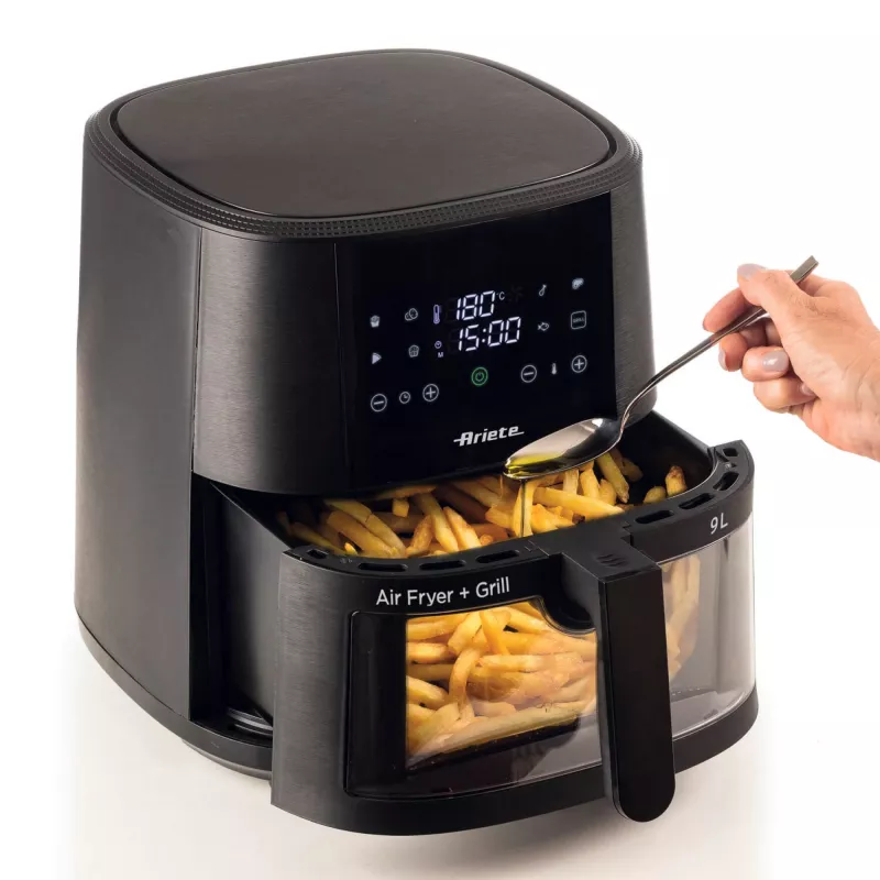 Ariete 4630 Oro gruzdintuvė 9L, 1300W, Talpa 9L, Gaminimo talpa 2,5kg, 8 iš anksto nustatytos programos, Temperatūra iki 200°, Skaidrus krepšys gaminimo stebėjimui, Juoda