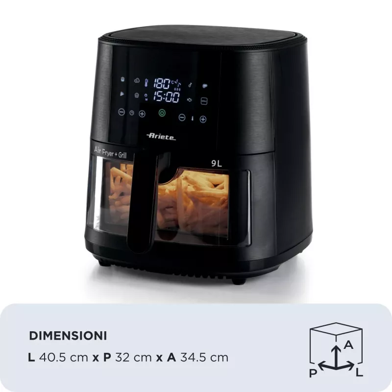 Ariete 4630 Oro gruzdintuvė 9L, 1300W, Talpa 9L, Gaminimo talpa 2,5kg, 8 iš anksto nustatytos programos, Temperatūra iki 200°, Skaidrus krepšys gaminimo stebėjimui, Juoda