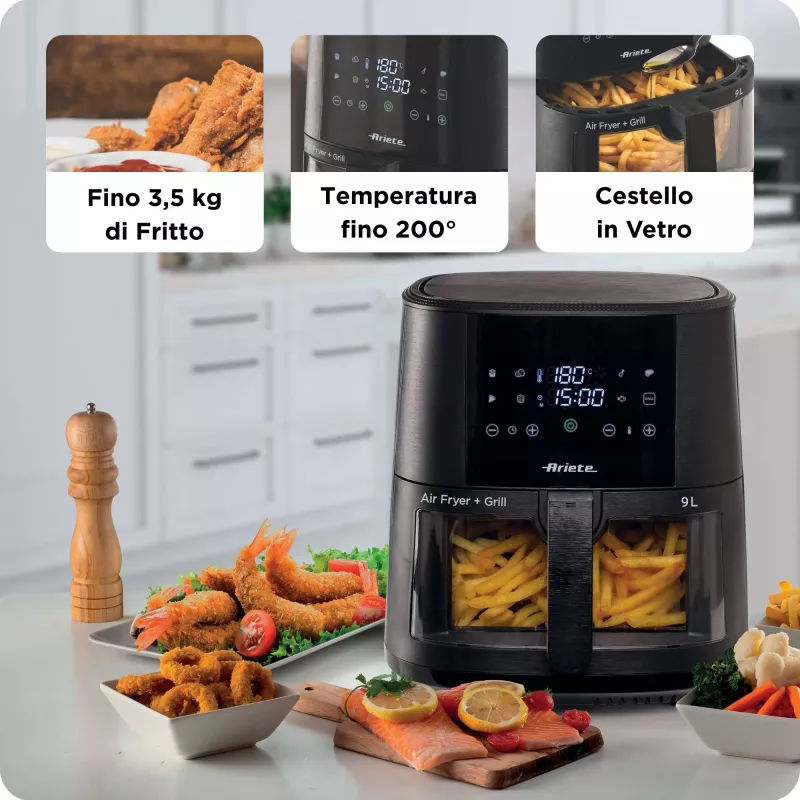 Ariete 4630 Oro gruzdintuvė 9L, 1300W, Talpa 9L, Gaminimo talpa 2,5kg, 8 iš anksto nustatytos programos, Temperatūra iki 200°, Skaidrus krepšys gaminimo stebėjimui, Juoda