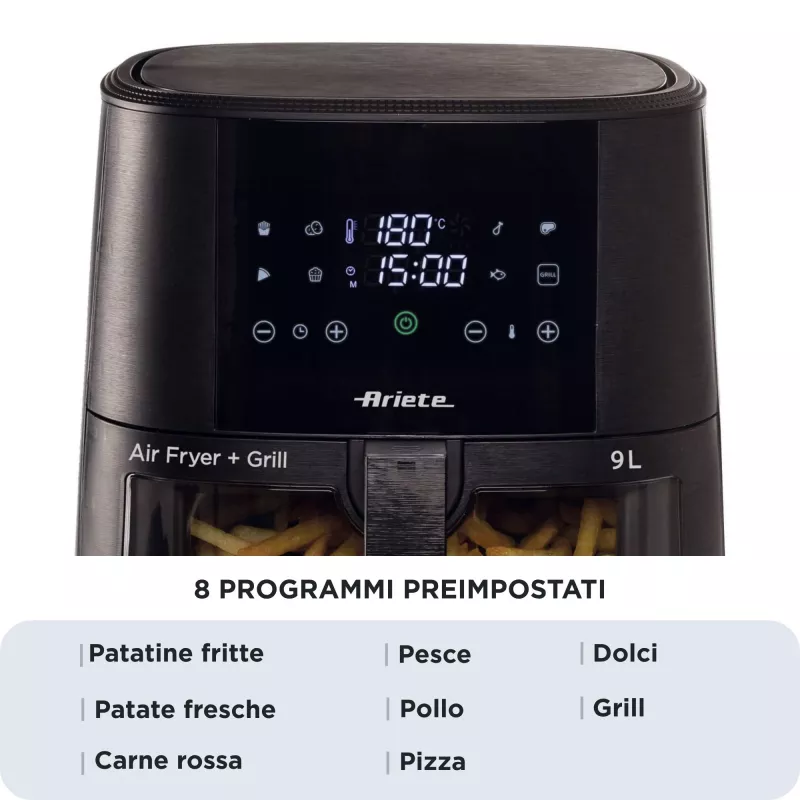 Ariete 4630 Oro gruzdintuvė 9L, 1300W, Talpa 9L, Gaminimo talpa 2,5kg, 8 iš anksto nustatytos programos, Temperatūra iki 200°, Skaidrus krepšys gaminimo stebėjimui, Juoda