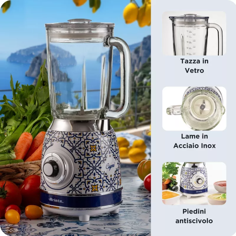 Ariete 583 Capri maišytuvas su 1,5 litro stikliniu ąsočiu, 4 nerūdijančio plieno peiliais, 4 greičiais + impulsu, 1000 W