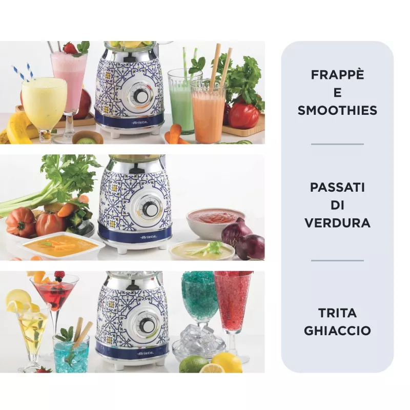 Ariete 583 Capri maišytuvas su 1,5 litro stikliniu ąsočiu, 4 nerūdijančio plieno peiliais, 4 greičiais + impulsu, 1000 W