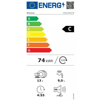 Indaplovė Siemens iQ100 SN61HX01TE, visiškai įmontuojama, 13 komplektų, 46 dB, 9 l/ciklui, energijos klasė C