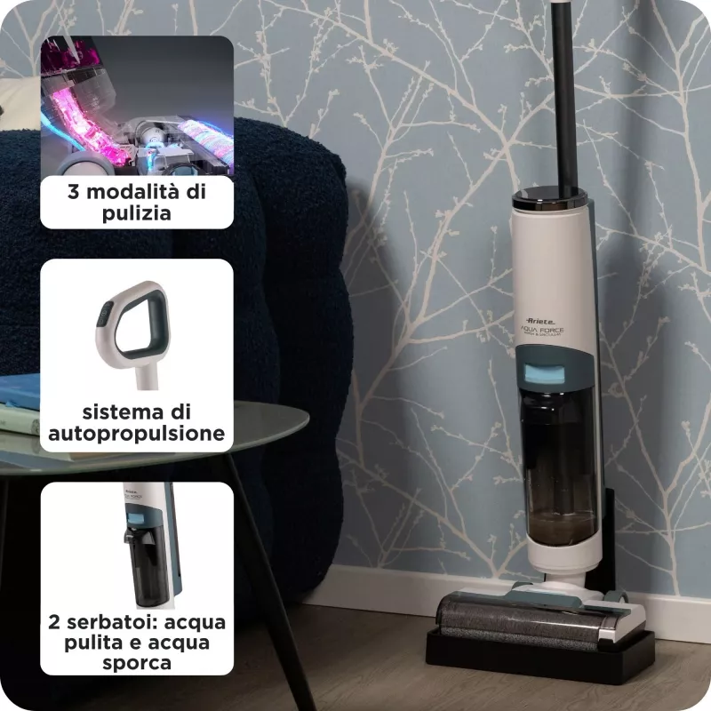 Ariete 2483 Aqua Force Wash & Vacuum, išmanusis dulkių siurblys, belaidis grindų valiklis, belaidis, siurbia ir valo, gyvūnų plaukai, sausas ir šlapias purvas, 700 ml talpa, priedai