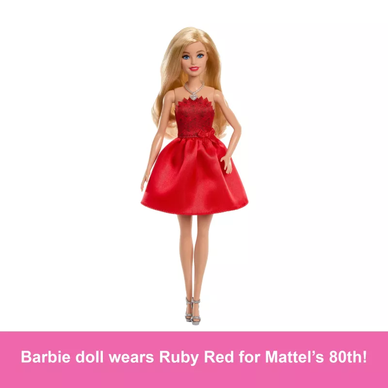 Barbie Mattel 80-ojo jubiliejaus rubino raudonumo šventinė mados lėlė, vilkinti raudoną suknelę su aksesuarais