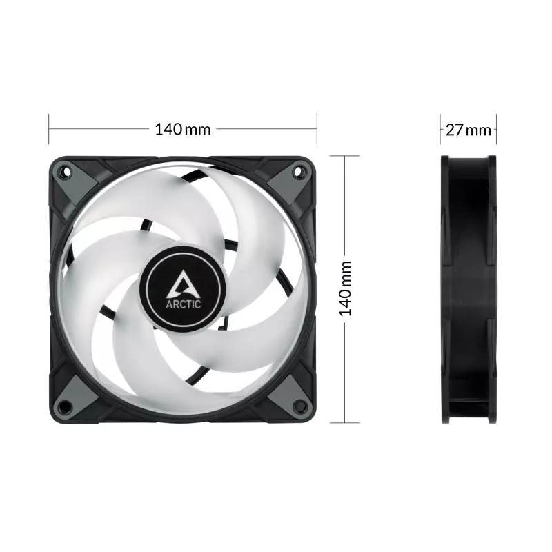 ARCTIC P14 PWM PST A-RGB 0dB – pusiau pasyvus 140 mm ventiliatorius su skaitmeniniu A-RGB